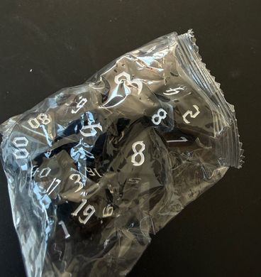 Набір кубиків (7 шт.) глянцево-чорний із білими цифрами (Opaque Black with White Numbers Dice Set)