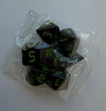 Набір кубиків (7 шт.) чорний із зеленими цифрами (Black with Green Numbers Dice Set)