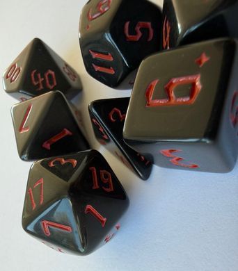 Набір кубиків (7 шт.) чорний із червоними цифрами (Opaque Black with Red Numbers Dice Set)
