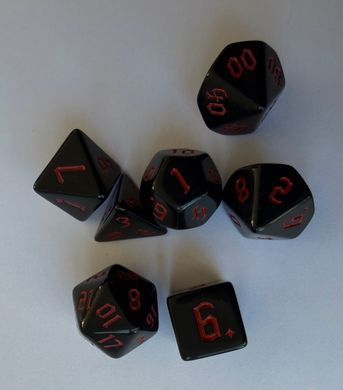 Набір кубиків (7 шт.) чорний із червоними цифрами (Opaque Black with Red Numbers Dice Set)