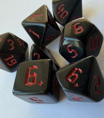 Набір кубиків (7 шт.) чорний із червоними цифрами (Opaque Black with Red Numbers Dice Set)