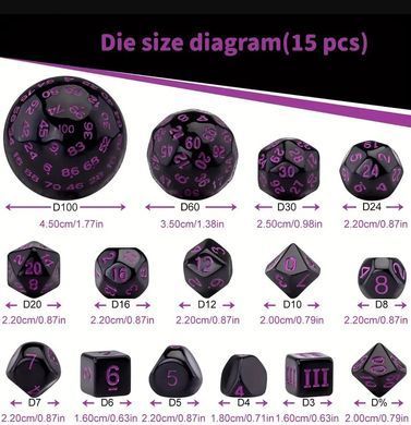 Набір кубиків D3-D100 (15 шт.) з мішечком на шнурку (чорний та фіолетовий)