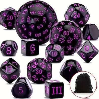 Набір кубиків D3-D100 (15 шт.) з мішечком на шнурку (чорний та фіолетовий)