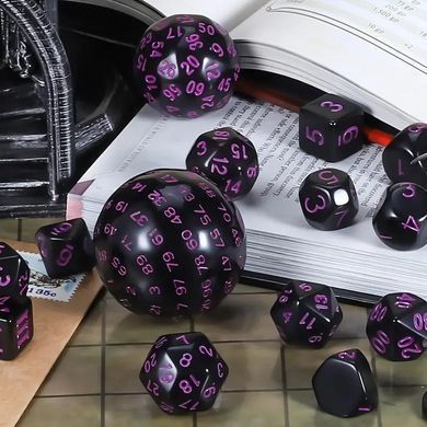 Набір кубиків D3-D100 (15 шт.) з мішечком на шнурку (чорний та фіолетовий)