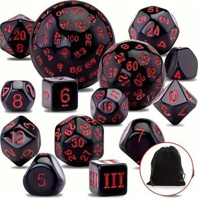 Набір кубиків D3-D100 (15 шт.) з мішечком на шнурку (чорний та червоний)