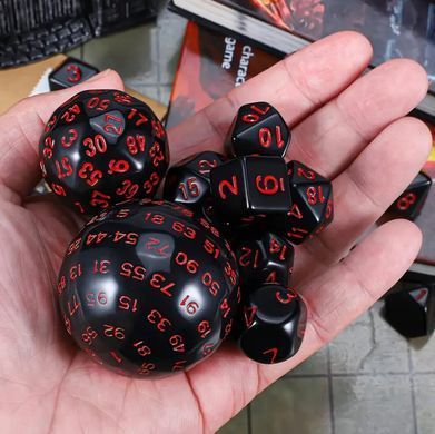 Набір кубиків D3-D100 (15 шт.) з мішечком на шнурку (чорний та червоний)