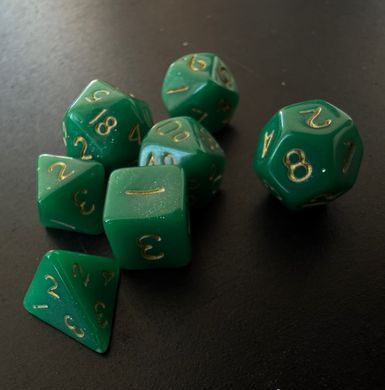 Набір кубиків (7 шт.) зелений блискучий із золотими цифрами (Glitter Green & Gold Dice Set)